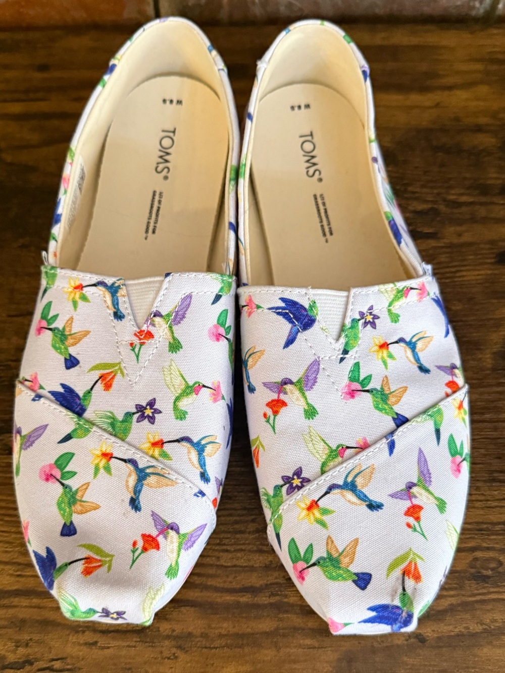 Toms White Slip-On Flats with Multicolor Hummingbird Print